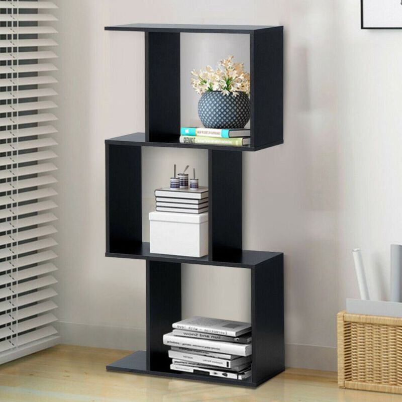 Hivago 4 Tiers Wooden S-Shaped Bookcase for Living Room Bedroom Office