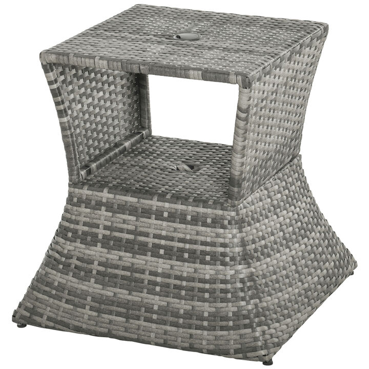 Outsunny Rattan Wicker Side Table with Umbrella Hole, 2 Tier Storage Shelf for All Weather for Outdoor, Patio, Garden, Backyard, Mixed Grey