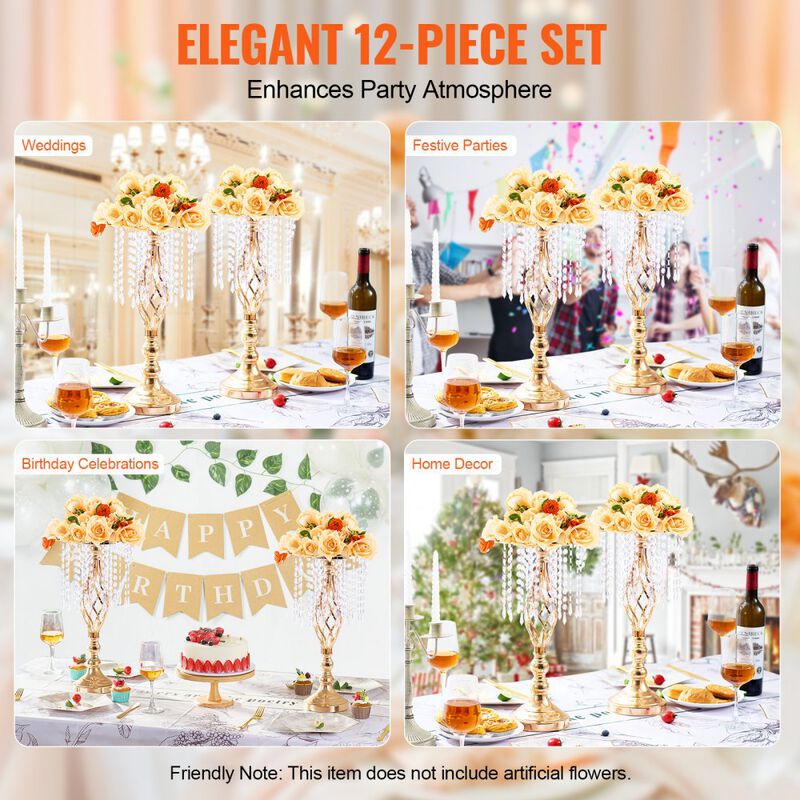 Crystal Wedding Flower Stand, Gold Metal Centerpiece Vase for Table Decor image number 3