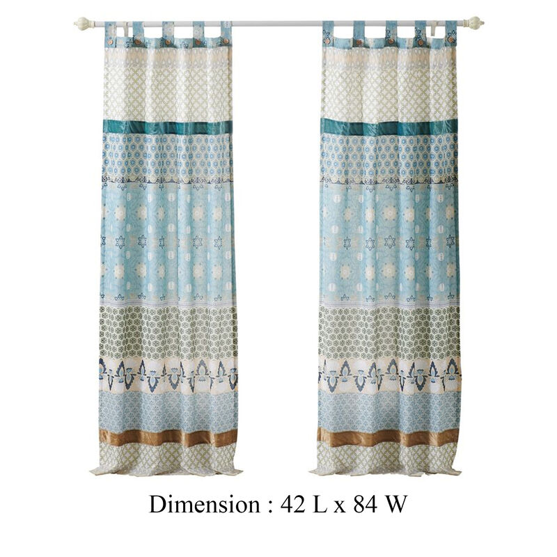 Ello 2 Panel Curtain Panel Set, Cotton White and Blue Geometric Print - Benzara