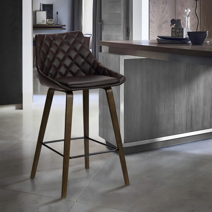26" Brown Faux Leather Barstool in Walnut Glazed Finish
