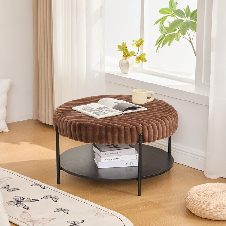 GOODSILO Versatile Upholstered Round Ottoman Coffee Table Foot Rest with Open Storage Shelf