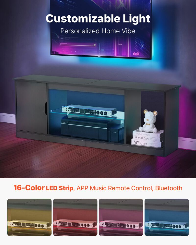 Entertainment Center TV Stand &ndash; Wooden Cabinet with Glass Shelf, Adjustable Storage, LED Lights image number 5
