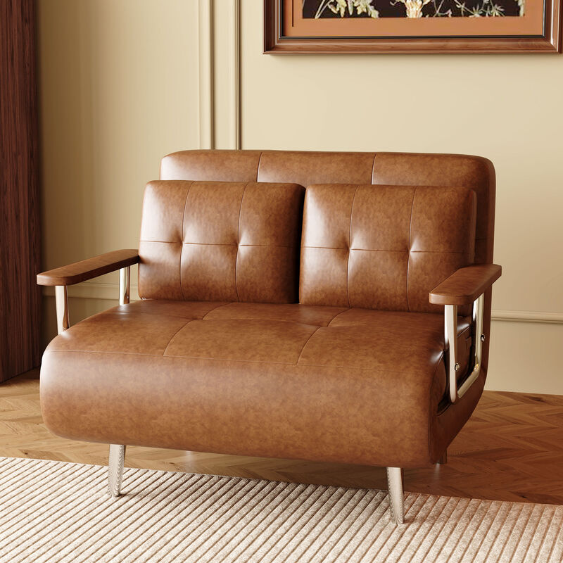 Leather Sofa Bed with Metal Legs for Living Room 39.37", Brown image number 2