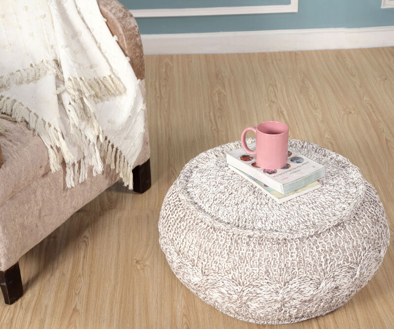 Round Geometric Pouf Ottoman – Cotton Upholstered Accent for Living Room