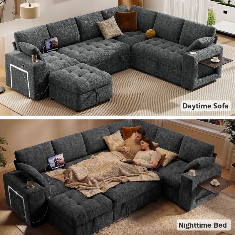 Vipbear 110" Modular Sectional Sleeper Sofa, Pull Out Bed, 7-Seat Chenille L-Shaped Couch, Storage image number 3