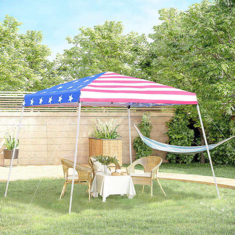 Outsunny Slant Leg Pop Up Canopy Tent with American Flag Roof and Carry Bag, Beach Canopy Instant Sun Shelter, Height Adjustable, (10'x10' Base / 8'x8' Top)