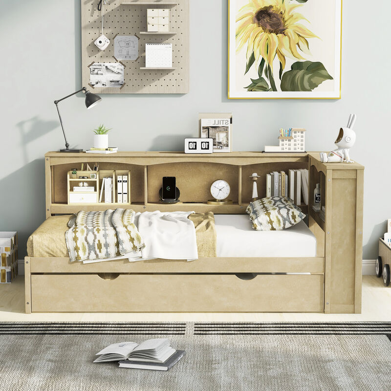 Whisen Morden Design Twin Size Daybed with Trundle, Storage Cabinets and USB Ports image number 6