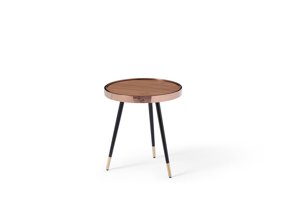 HomeRoots 20" Walnut Black And Rose Gold Wood and Stainless Steel Round End Table