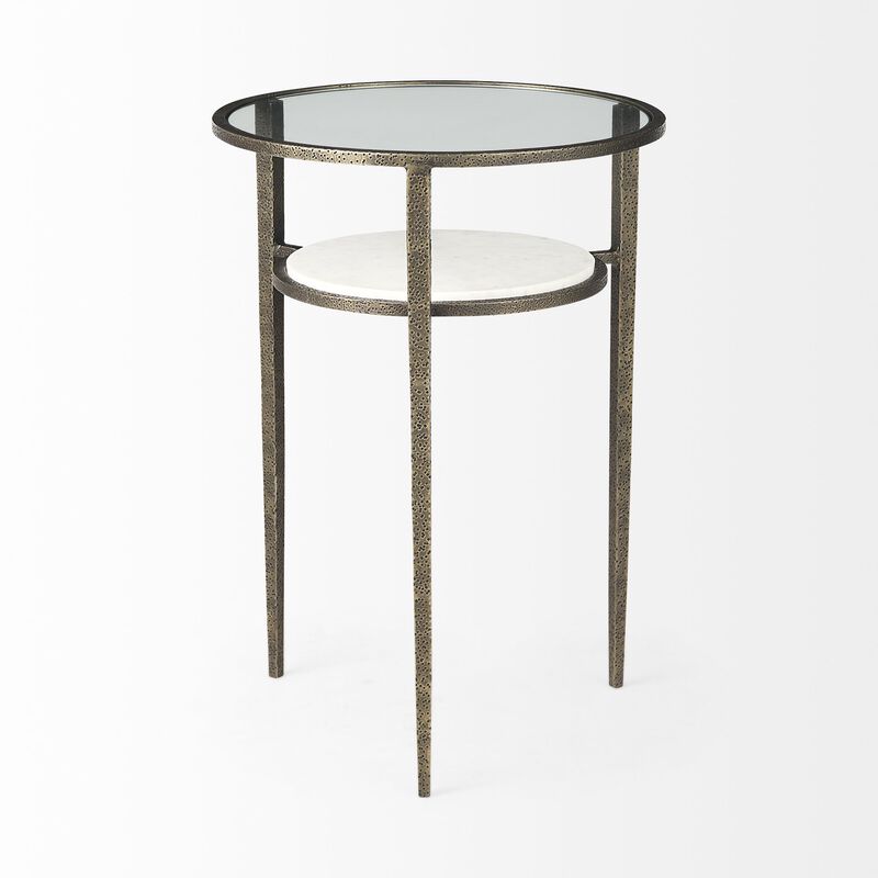 Glass and Metal Round End Table with Lower Shelf, Modern Accent for Living Room