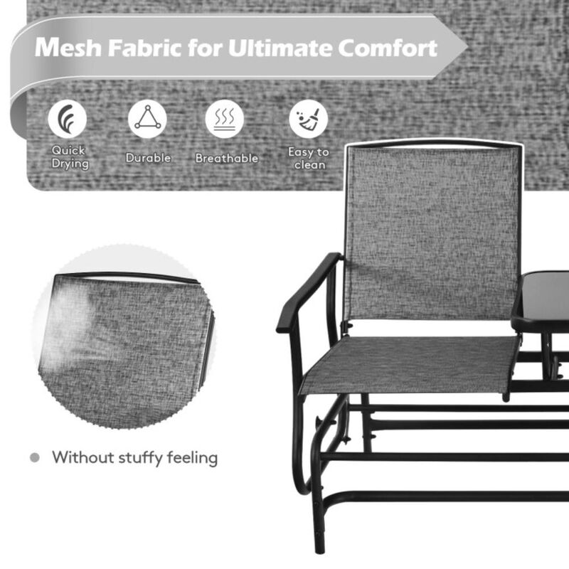 Hivvago 2-Person Double Rocking Loveseat with Mesh Fabric and Center Tempered Glass Table