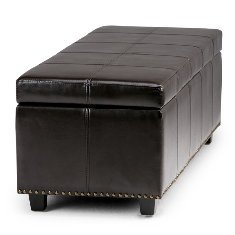 Kingsley 48 inch Wide Transitional Rectangle Large Storage Ottoman in Coffee Brown Faux Leather
