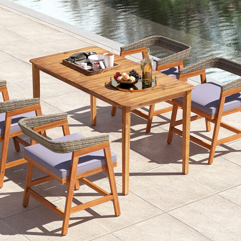 5-Piece Patio Dining Set with Solid Wood, Rattan Backrest, and Cushions for Comfort