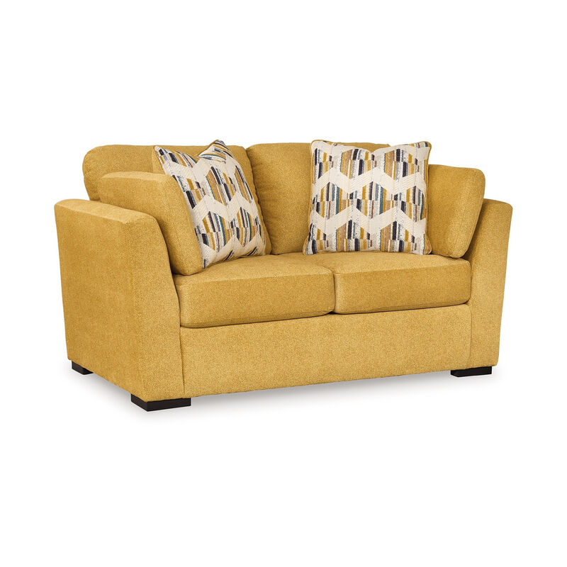 Viena Loveseat, 2 Accent Throw Pillows, Yellow Faux Velvet 68 Inch - Benzara