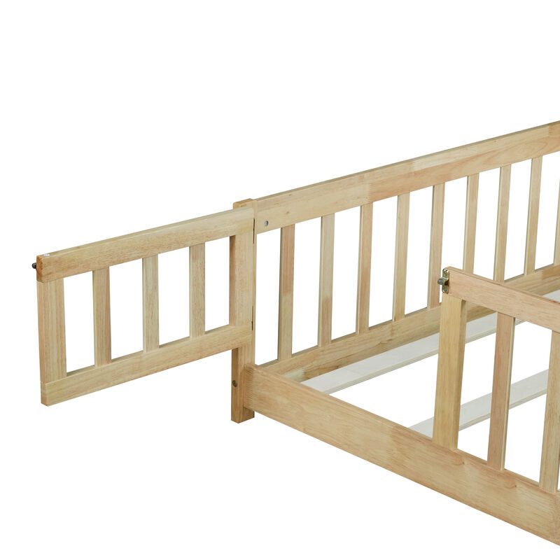 Whisen Queen Floor Bed with Safety Fence & Secure Door, Rubber Wood Low-Profile Platform Bed for Children image number 8