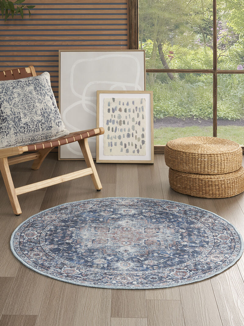 Machine Washable Series 1 SR101 Ivory/Navy 4' x Round Rug