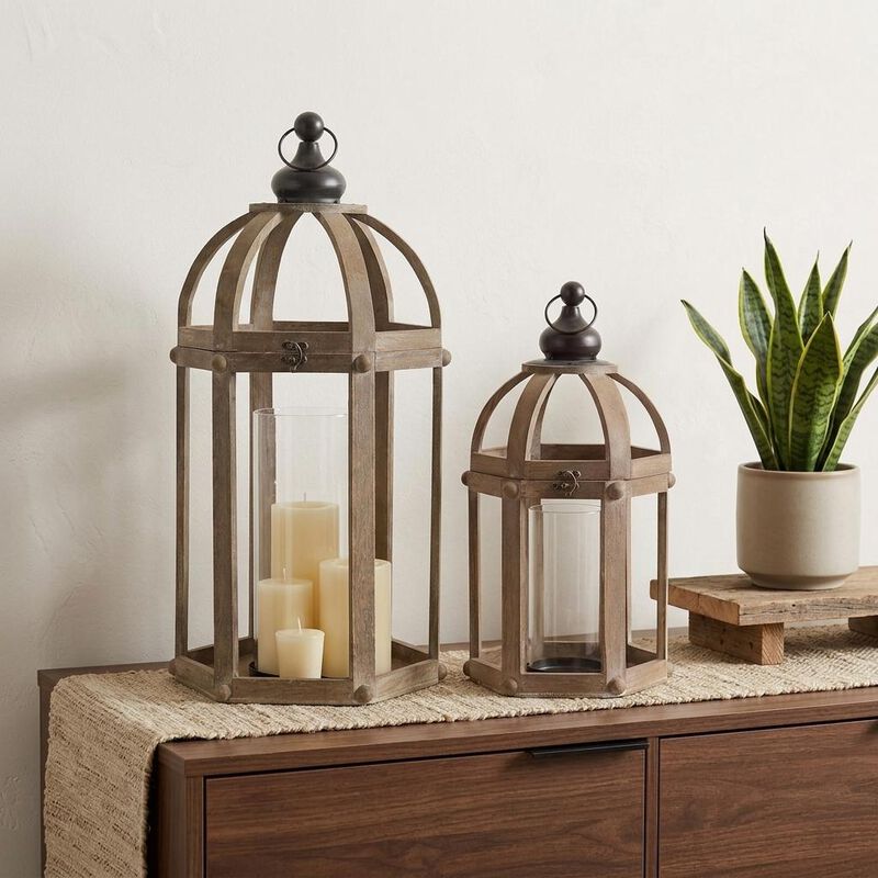 HomeRoots Set of Two Brown Distressed Wood And Glass Floor Lantern Candle Holders image number 1