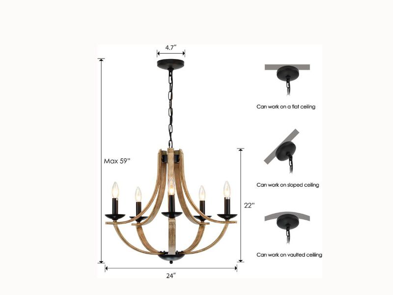 5-Light Farmhouse Chandelier – 24" Faux Wood Candle Pendant for Dining Room, Kitchen Island & Entryway (E12 Base)