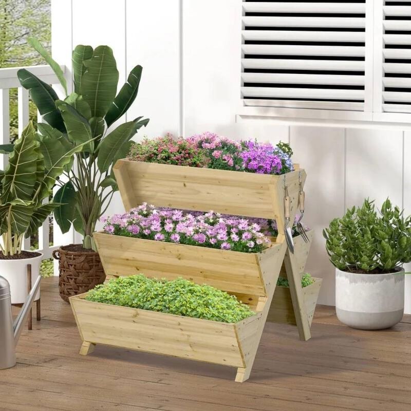 Hivvago 3-Tier Outdoor Fir Wood Elevated Planter Herb Flower Box Raised Garden Bed