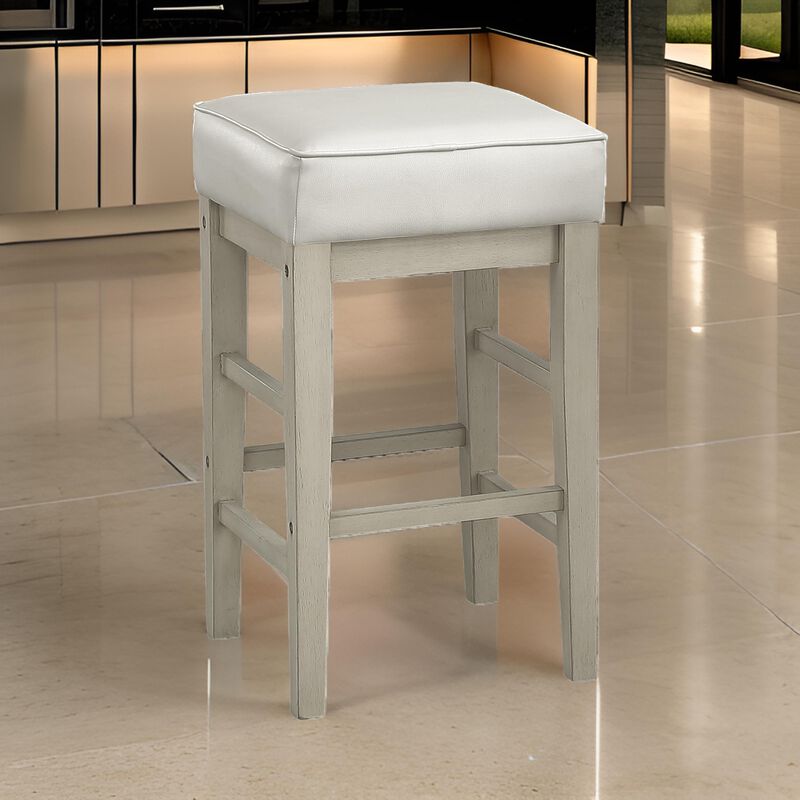 Vin 26 Inch Counter Height Stool, White Faux Leather Seat, Wood, Set of 2 - Benzara