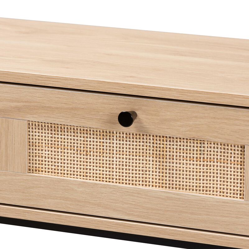 Baxton Studio Sherwin Light Brown And Black 2 Drawer Console Table With Woven Rattan Accent