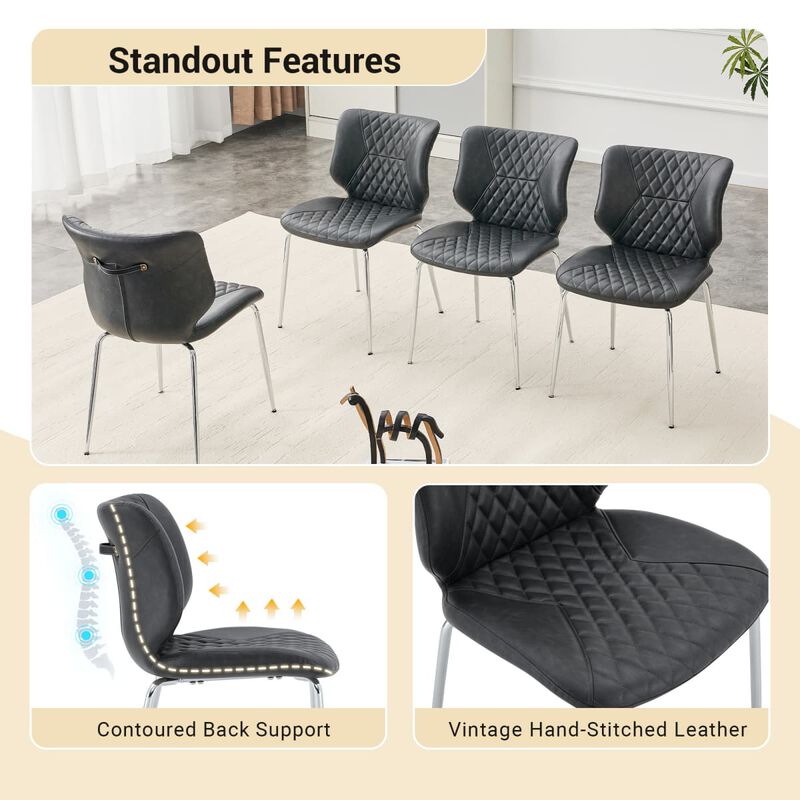 Set of 4 Leather Dining Chairs Square High Back Dining Chairs with Chevron Tufting Retro Dining Chairs with Metal Legs and Back Handle image number 5