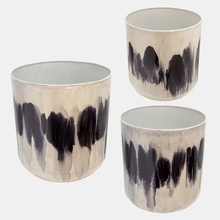 13, 14, 15 Inch Planters, Set of 3, Abstract Design, White and Black Metal - Benzara