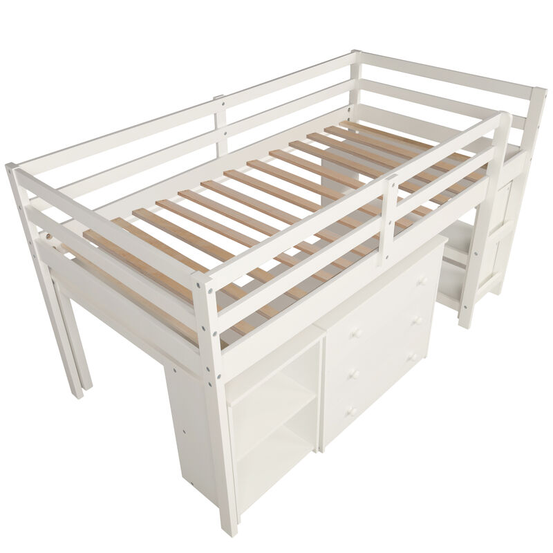 Merax Low Loft Bed with Cabinet and Rolling Portable Desk