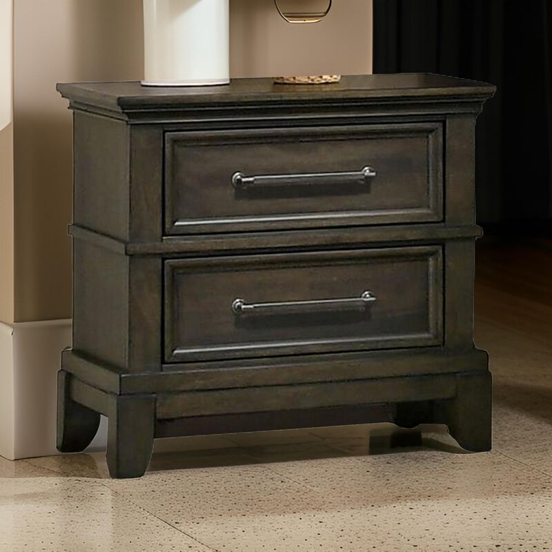 Ston 26 Inch Nightstand, 2 Drawers, Pewter Handles, Crown Mold, Wood, Gray - Benzara