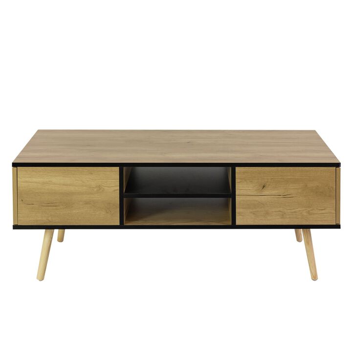 Coffee Table, Solid Wooden Leg Support, Accent Furniture with Open Storage Shelf and Hidden Compartment for Living, Dining, Kitchen
