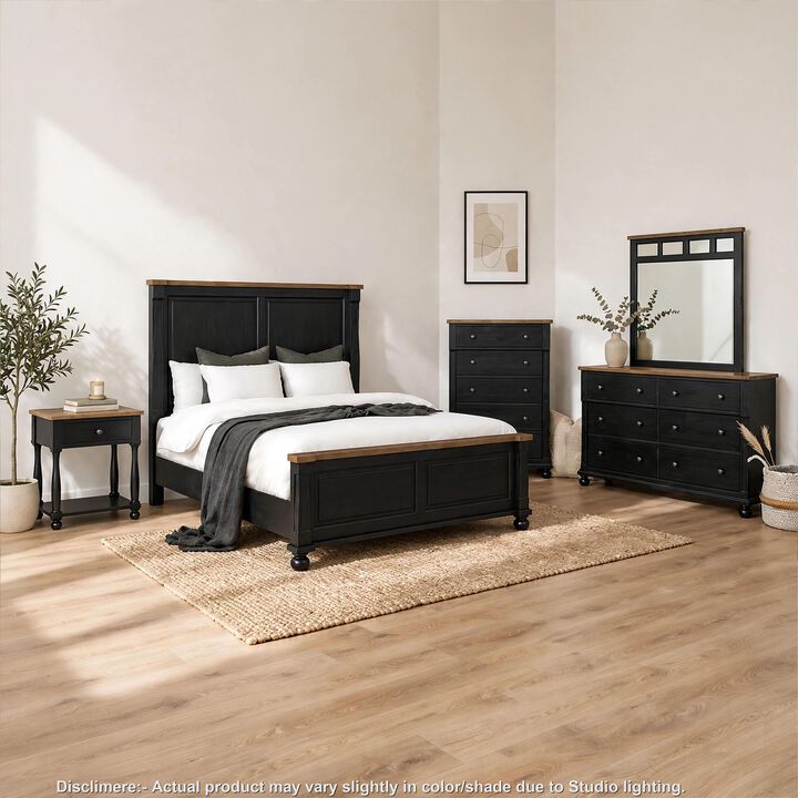 Ginie 5pc Queen Bedroom Set, USB Bedside Table, Black Rustic Oak Brown