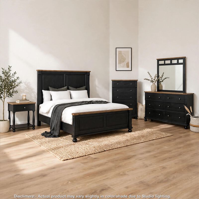 Ginie 5pc Queen Bedroom Set, USB Bedside Table, Black Rustic Oak Brown image number 1