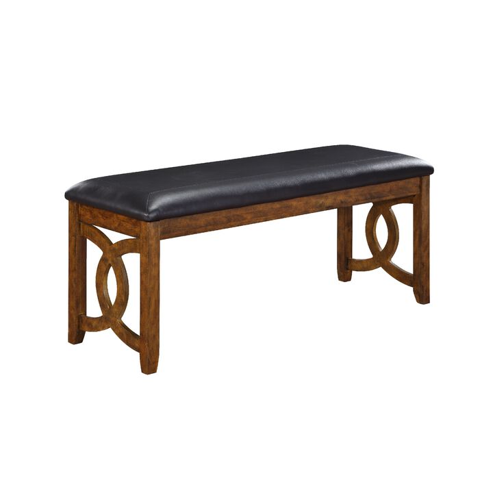 Gary 46 Inch Wood Bench with Leatherette Seat, Brown-Benzara