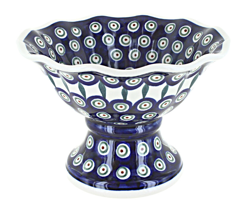 Blue Rose Polish Pottery Peacock Small Pedestal Fruit Bowl