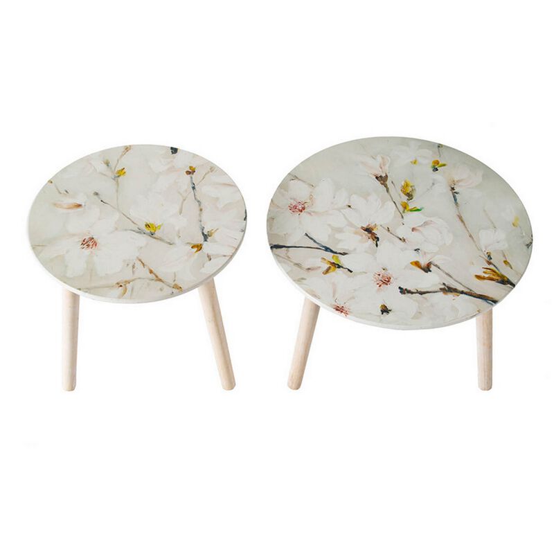 Byle 16, 20 Inch Side Table Set of 2, Floral Design, Cherry Blossom, White