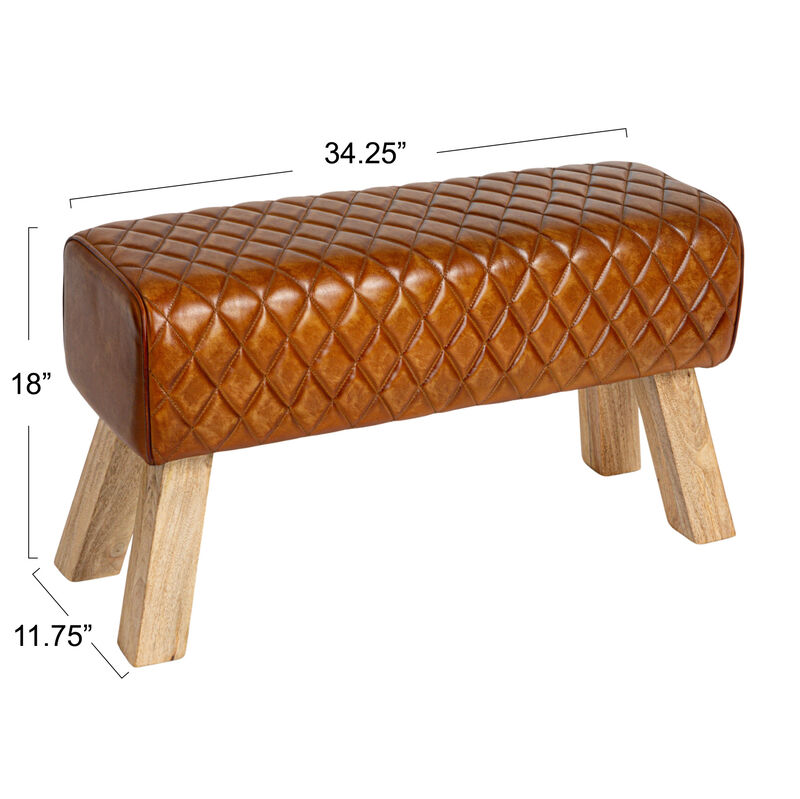 Stitched Leather and Wood Bench, Camel and Natural image number 2