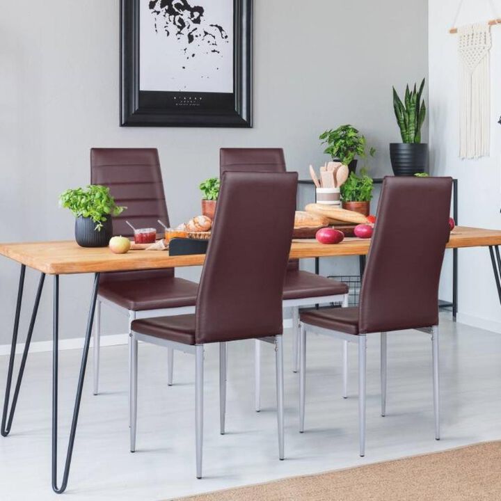 Hivvago Set of 4 Modern High Back Brown PVC Leather Dining Chairs with Metal Legs