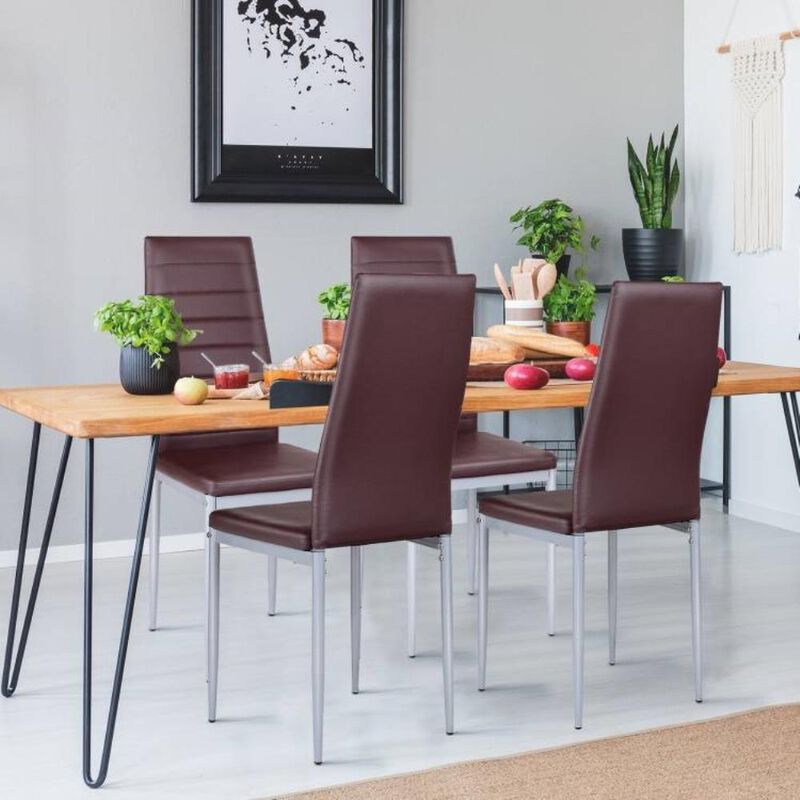 Hivvago Set of 4 Modern High Back Brown PVC Leather Dining Chairs with Metal Legs