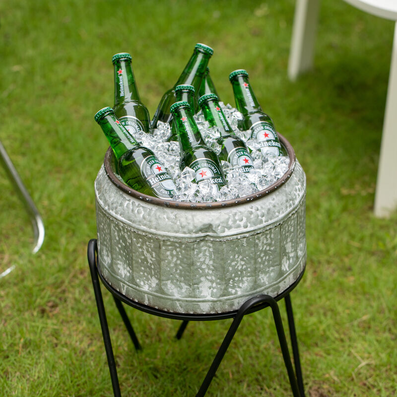 Silver Galvanized Metal Ice Bucket Beverage Cooler Tub with Stand, Medium