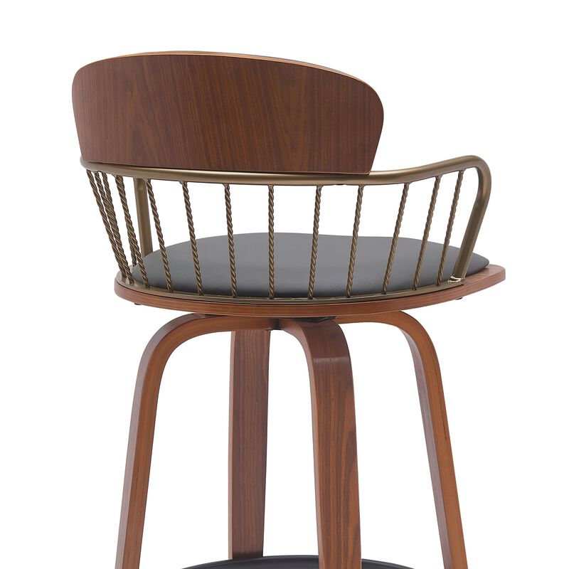 30" Swivel Walnut Wood Bar Stool in Gray Faux Leather with Golden Bronze Metal image number 5