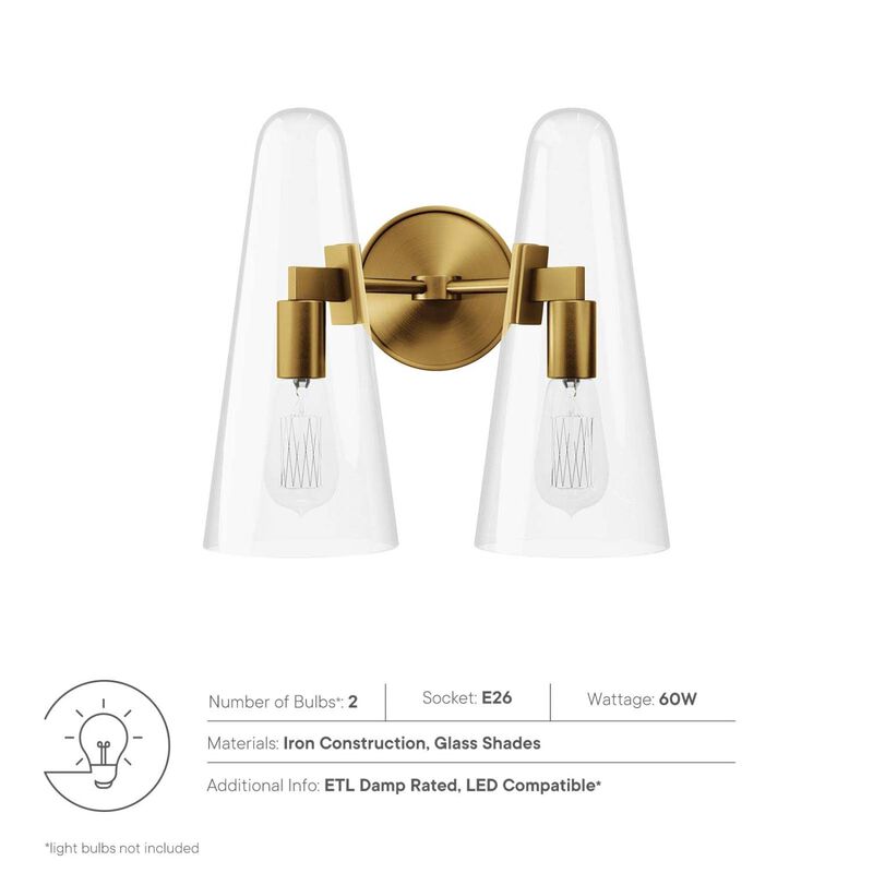 Modway Beacon 2-Light Wall Sconce in Clear Satin Brass, Brown, 7 x 12 x 11.5 image number 6