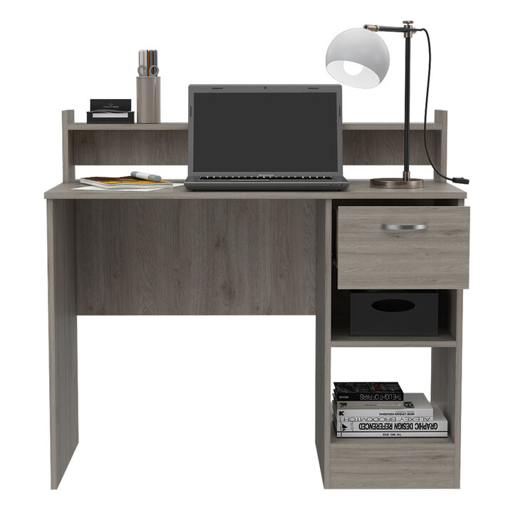 DEPOT E-SHOP Vera Computer Desk with Top Open Shelf, 1-Drawer and 2-Storage Shelves, Light Gray