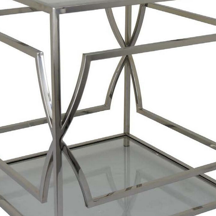 Mivi 24 Inch Plant Stand Table, Square, Pattern Base, Glass, Metal, Silver  - Benzara