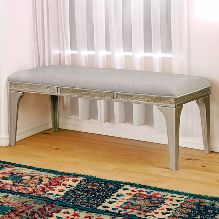 51 Inch Wood Bench, Cushioned Seat, Tapered Legs Support, Gray, Champagne Silver-Benzara