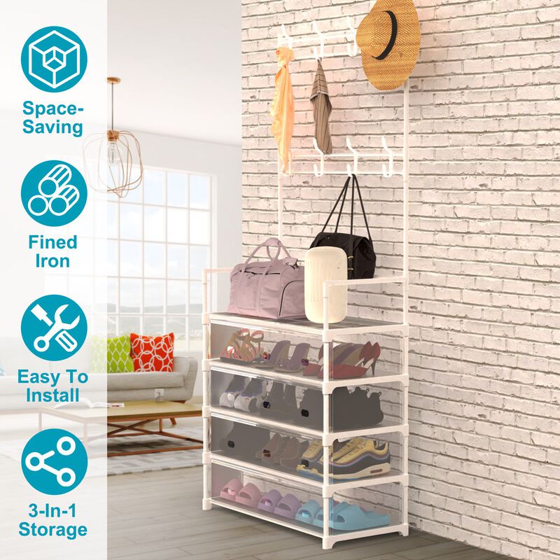 Freestanding Entryway Organizer, 5-Tier Hall Tree with Coat Rack, Shoe Shelf & Hooks