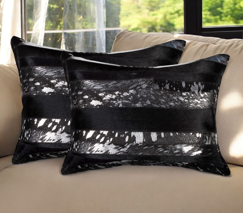 HomeRoots Set of Two 12" X 20" Black and Silver Striped Cowhide Lumbar Throw Pillows with Glitter