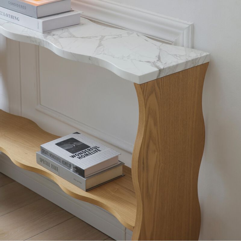 Whisper of Waves Modern Console Table with Marble Pattern Top & Solid Wood Veneer Shelf image number 4
