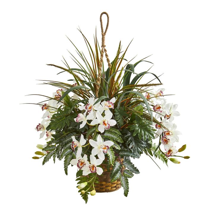 Nearly Natural 29-in Cymbidium & Mixed Greens Artificial Plant Hanging Basket