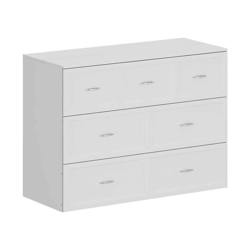 White Wood Frame Full Size Bed Murphy Bed Chest Cabinet With 2-Large Drawers, USB Charging Station and Wheels