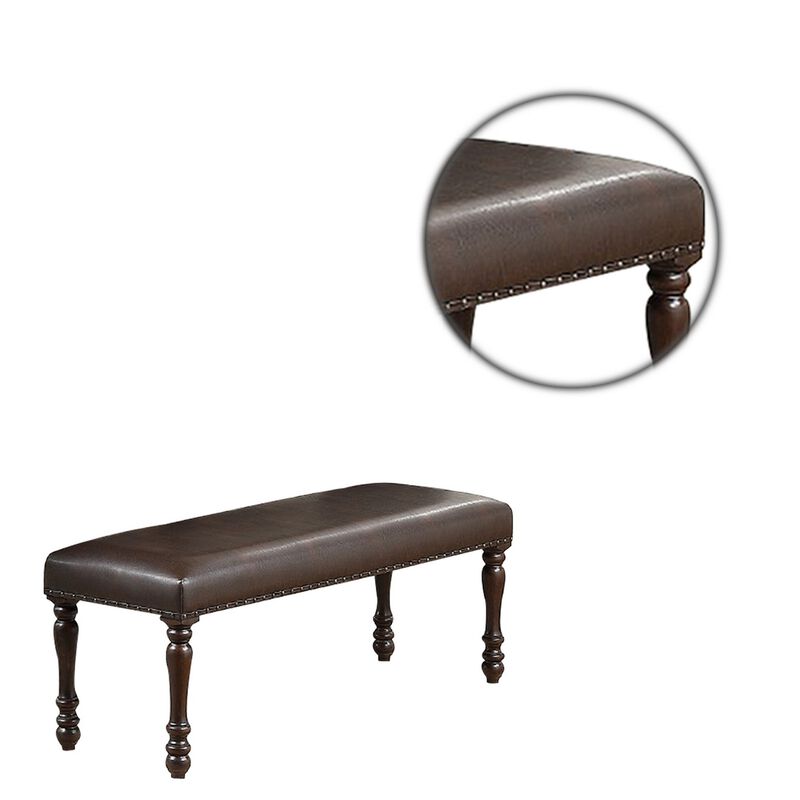 Nailhead Trim Faux Leather Dining Bench with Turned Legs, Brown-Benzara